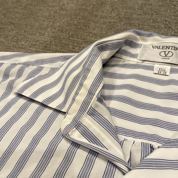 Valentino Uomo Shirt Mens 15.5 34 35 Blue White Stripe Dress Casual Button Up - Picture 9 of 10